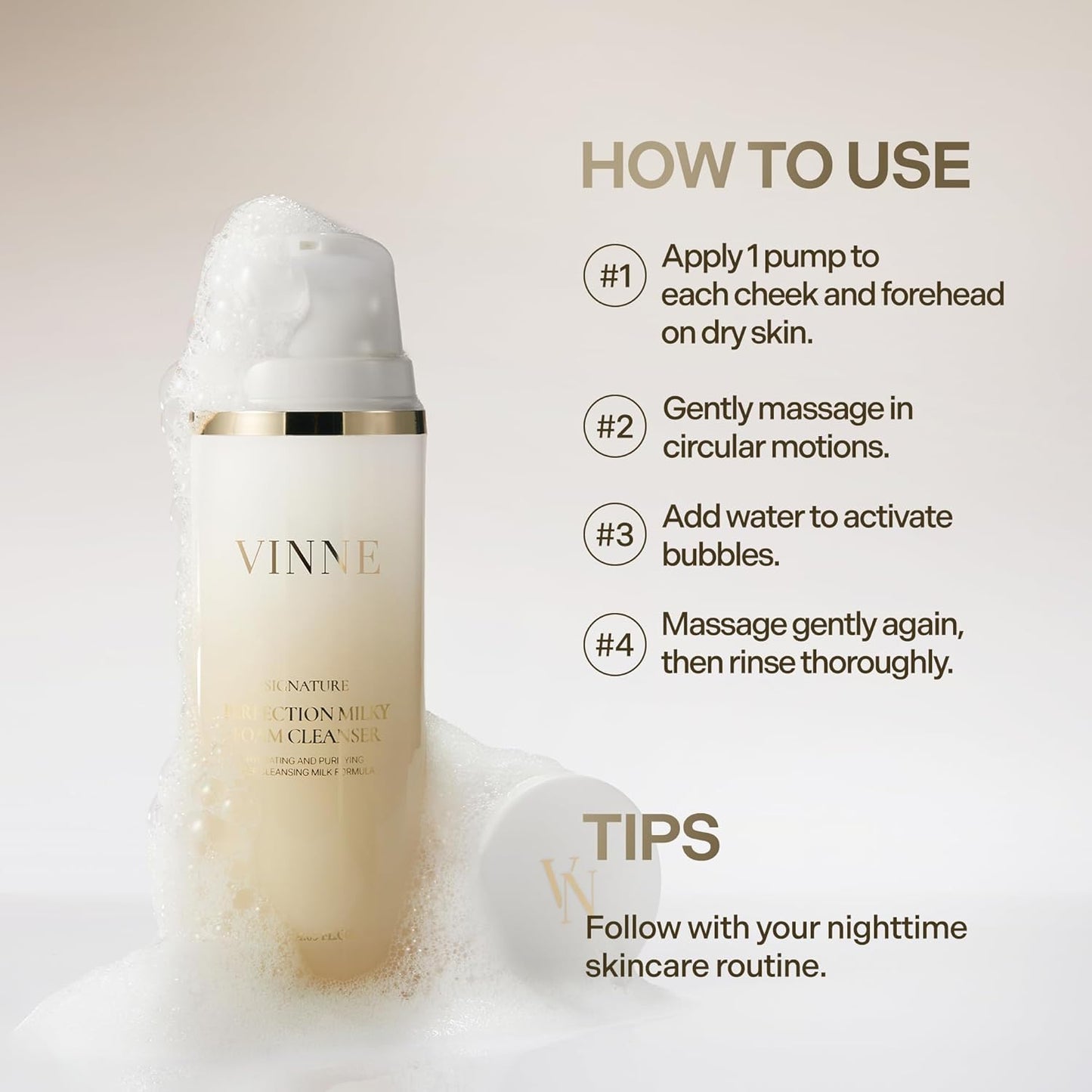 VINNE Signature Milky Foam Cleanser – 3-Step Milk-Oil-Foam Korean Facial Cleanser w/LHA+PHA & 17 Active Ingredients – Oil & Water-Based Dual-Action Face Wash (4.05 fl. oz)