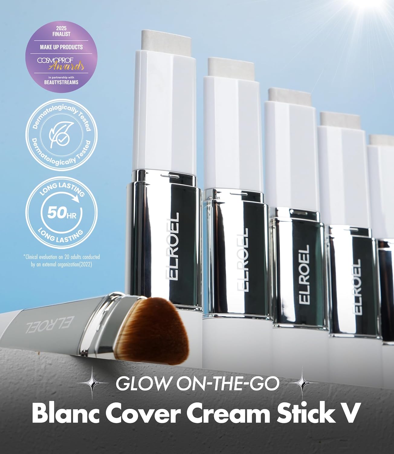 Blanc Cover Cream Stick V White - Korean Color-Changing Foundation Stick with Volufiline - Medium to Full Coverage Dewy Finish Base Makeup - Dual-Ended with Detachable Brush (203 Medium)