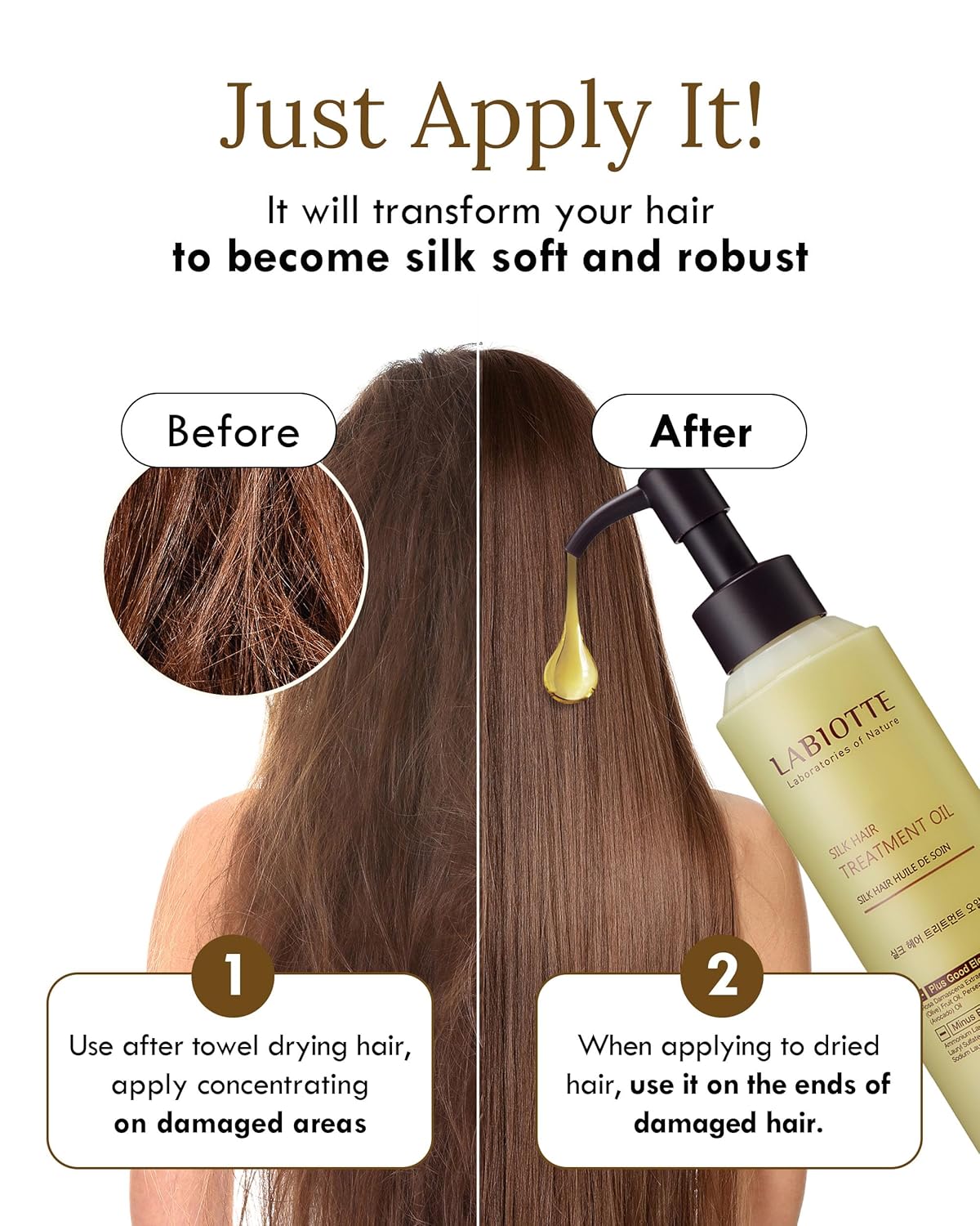 LABIOTTE Silk Oil Hair Treatment for Repair, Frizz Control & Shine - With Jojoba Oil for Dry, Damaged Hair Growth - 5.07 Fl Oz