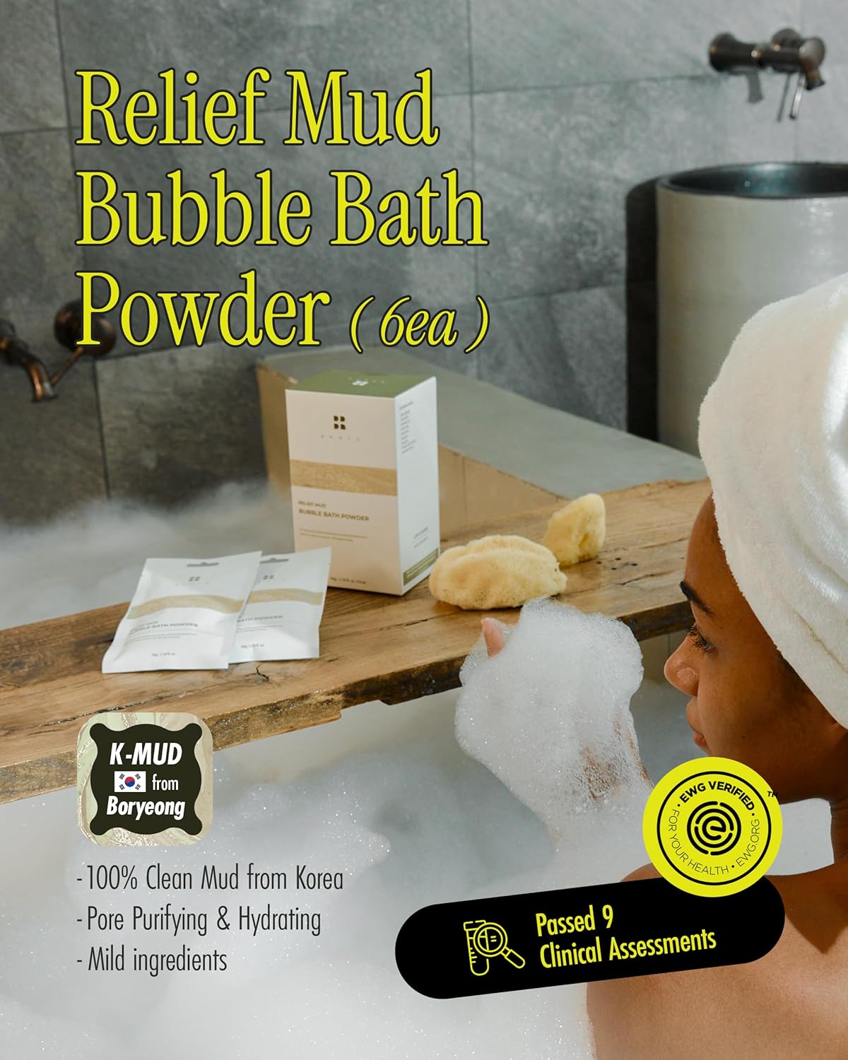 Relief Mud Bubble Bath Powder | ATEEZ Pick| Hypoallergenic Mud Powder Bubble Bath w/ 98% Nature-Derived Ingredients | Moisturizing & Foaming Bath Oil Control for All Skin (Pack of 6, 1.76 oz)